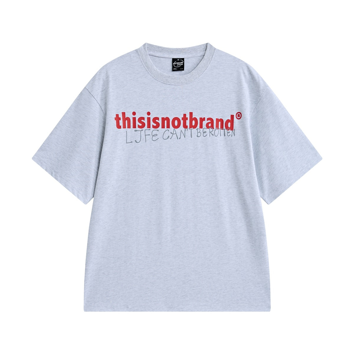 Heather gray short-sleeve crew-neck T-shirt front view with red and gray lettering print across the chest