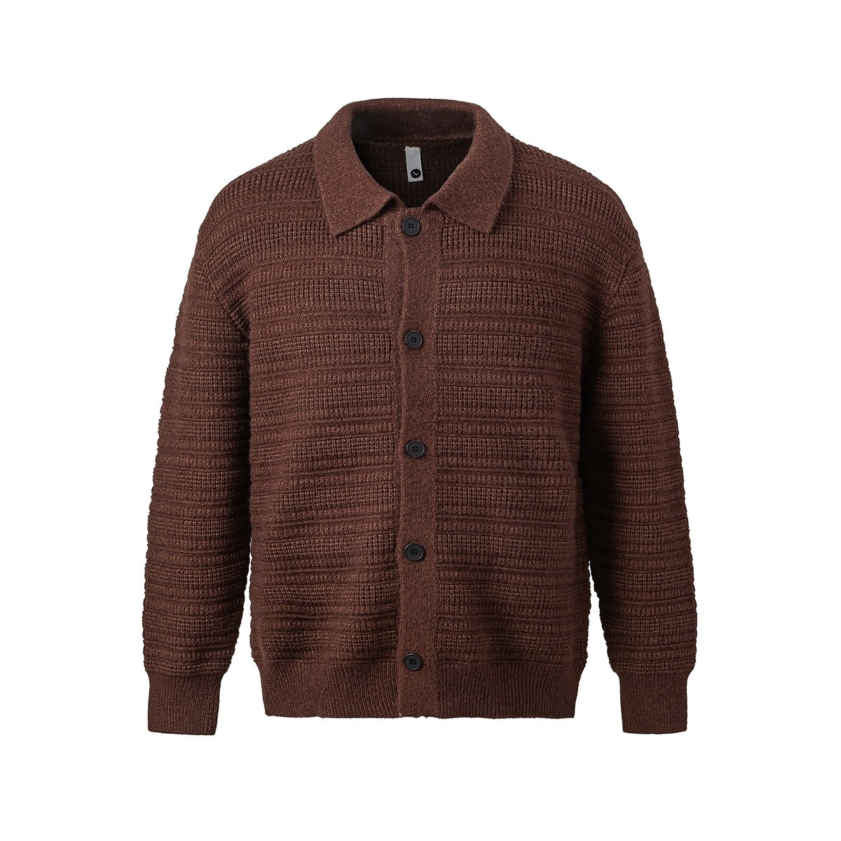 Brown textured knit button-front cardigan with collar and ribbed cuffs, flat front view