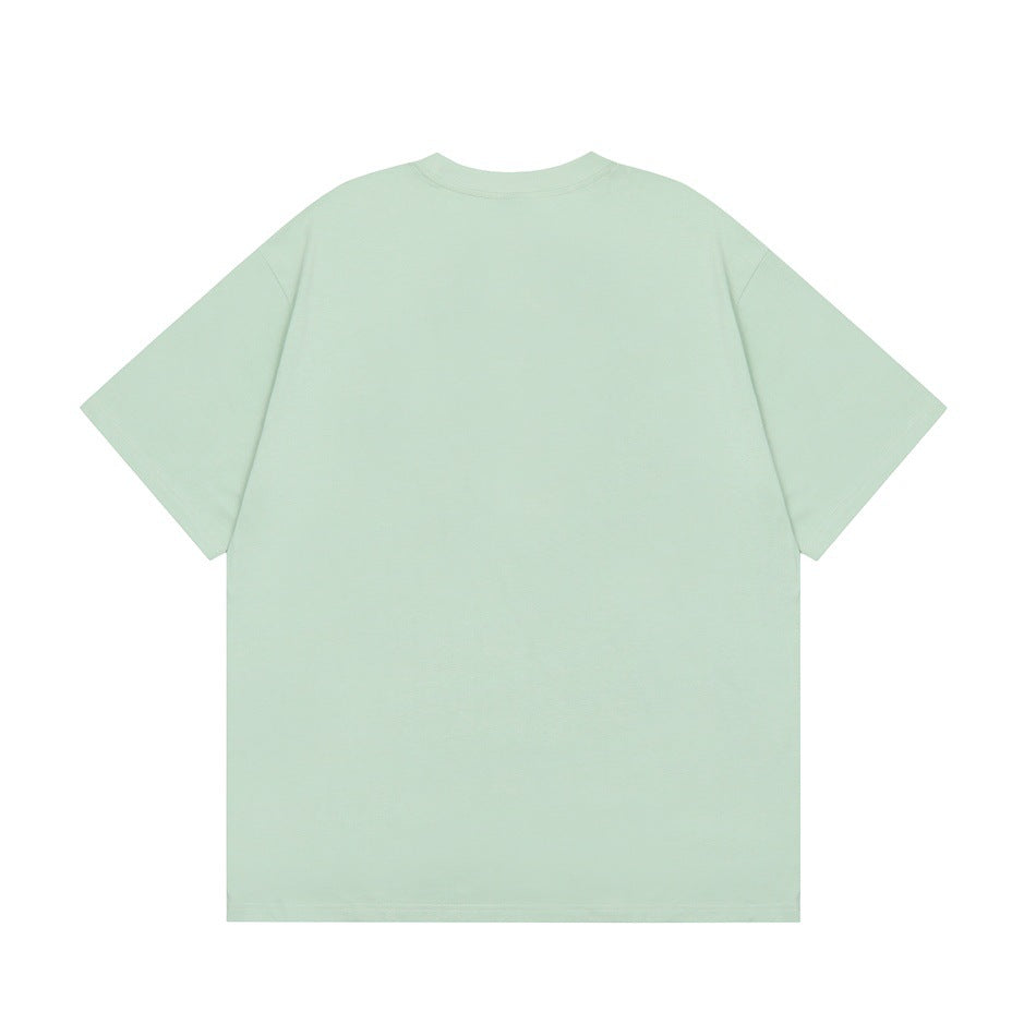 Back view of a plain light green short-sleeve crew-neck T-shirt with no graphic