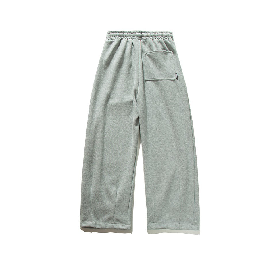 Heather gray wide-leg sweatpants, flat lay back view with elastic waistband and back patch pocket