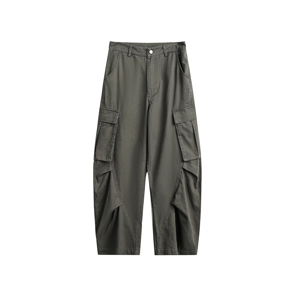 Gray-green wide-leg cargo pants, front flat view with large flap pockets and pleated diagonal seams