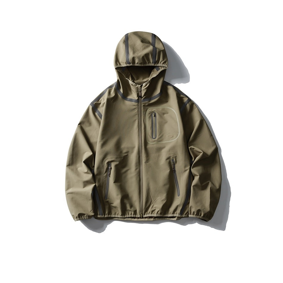 Olive-khaki hooded zip jacket flat lay with gray contrast tape and zip pockets