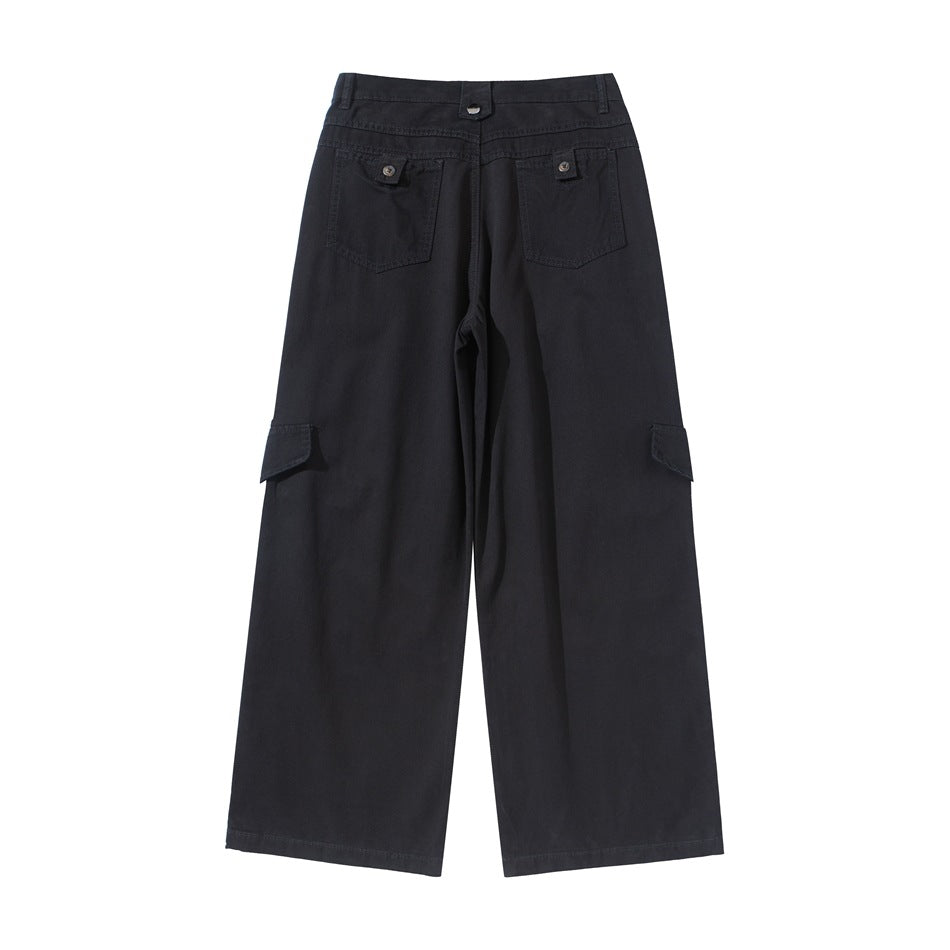 Black wide-leg cargo pants flat lay, back view, with two button-flap back pockets and side cargo pockets
