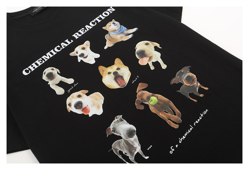 Black T-shirt with a large white CHEMICAL REACTION title and a collage of dog images.