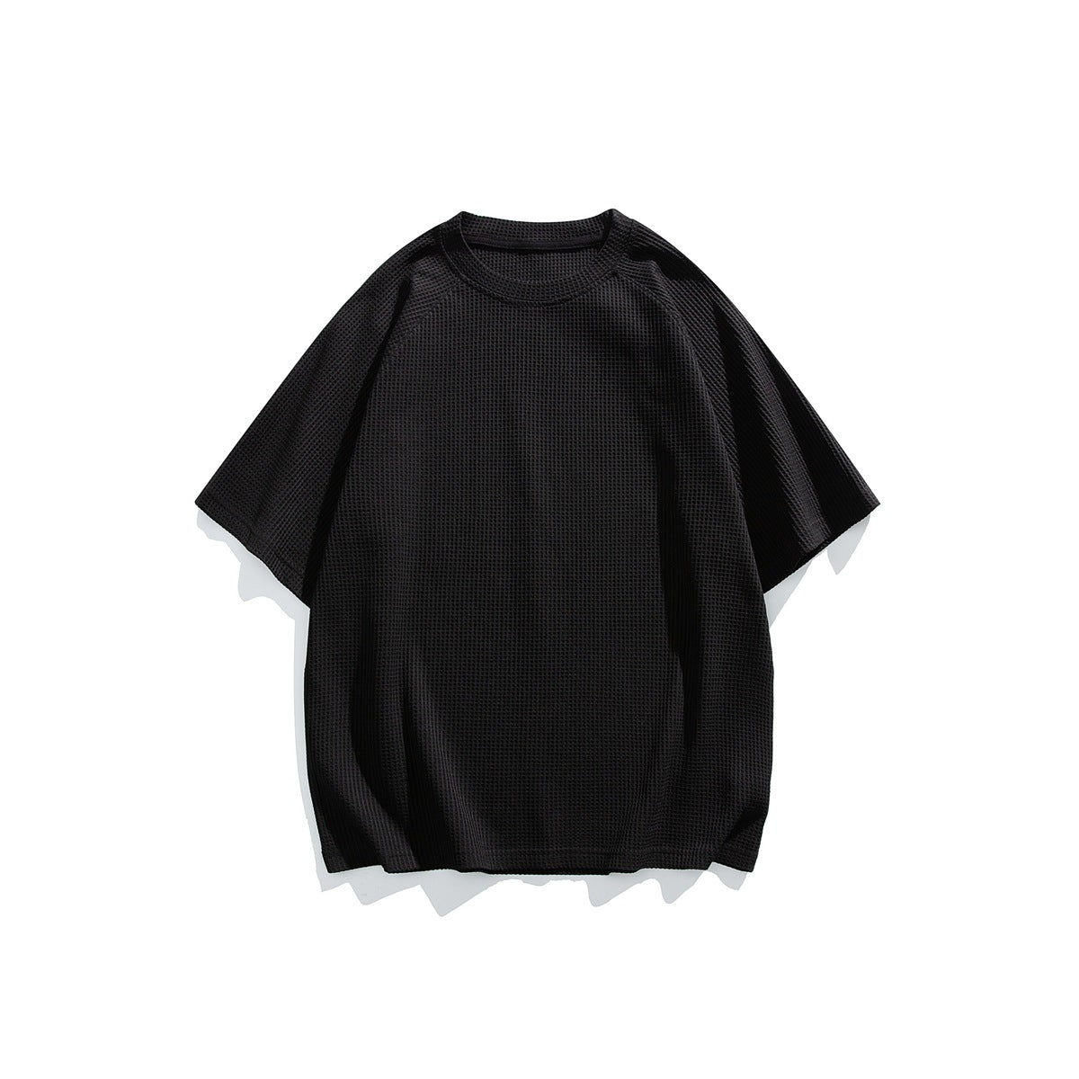 Black short-sleeve crew-neck shirt with a waffle texture, shown from the front.