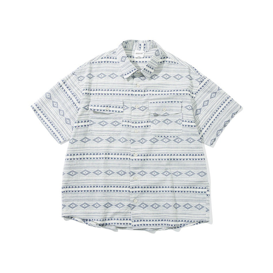 Blue and off-white geometric striped short-sleeve button shirt with two chest flap pockets, flat front view