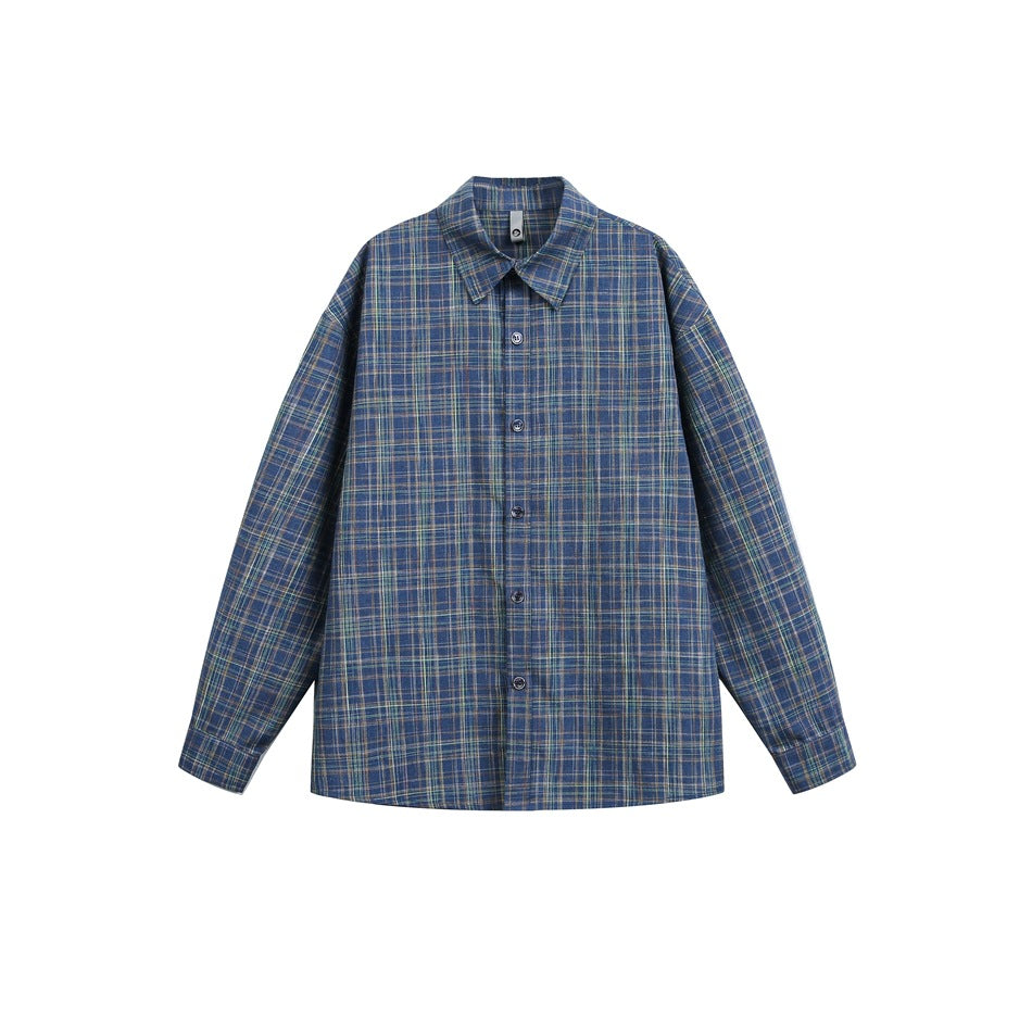 Blue plaid long-sleeve button-up shirt with pointed collar, flat front view on white background