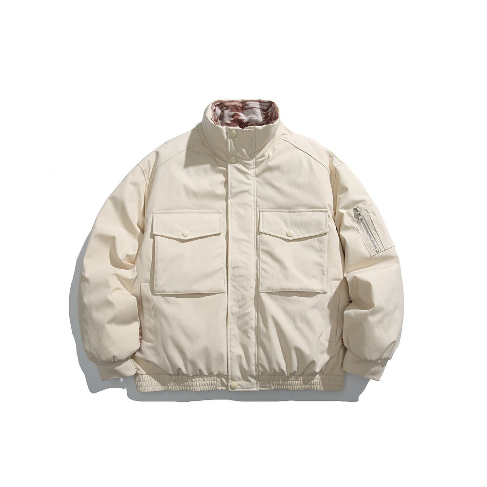 Off-white stand-collar puffer jacket with two flap chest pockets, sleeve zip pocket and patterned collar lining