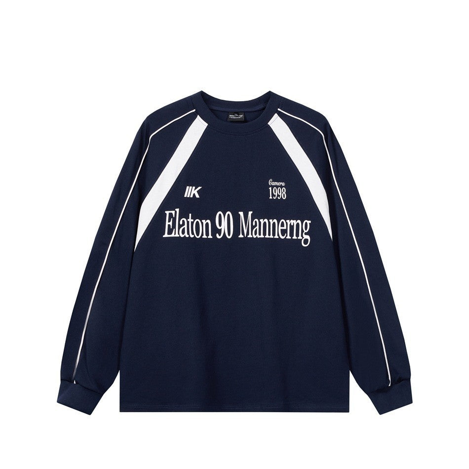Navy long-sleeve raglan sweatshirt with white piping, diagonal panels and 'Elaton 90 Mannerng' front print