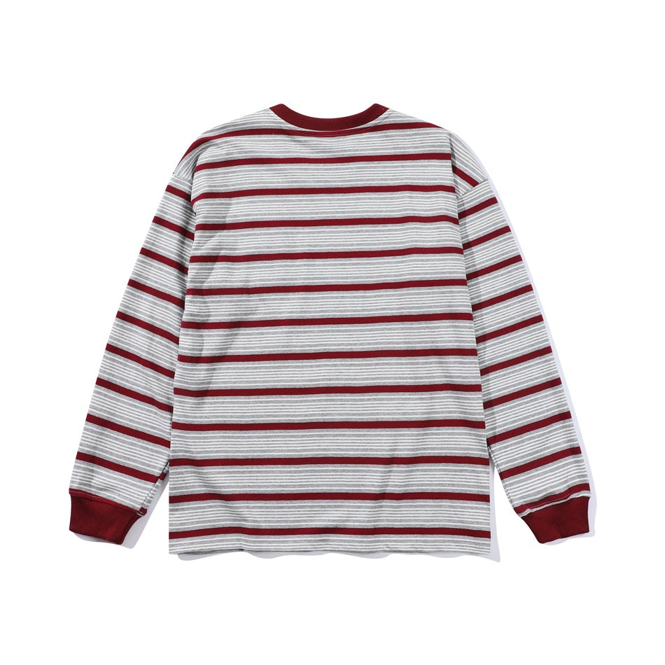 Back view of a gray-and-white striped long-sleeve shirt with burgundy stripes, collar, and cuffs.