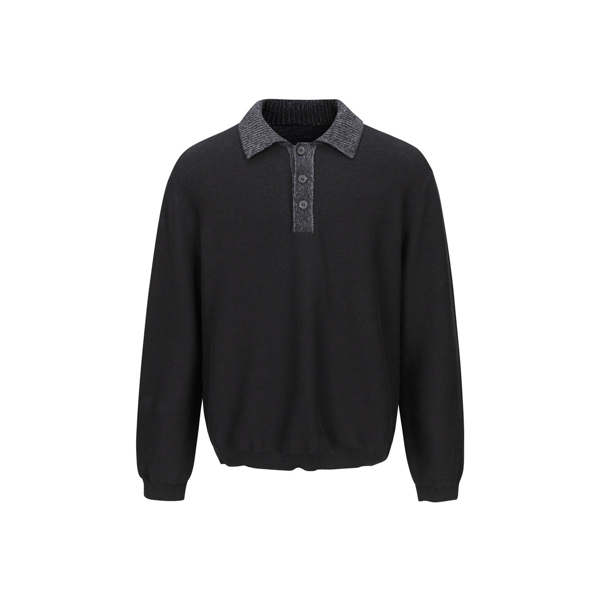 Black long-sleeve knit polo sweater with gray contrast collar and three-button placket, flat front view