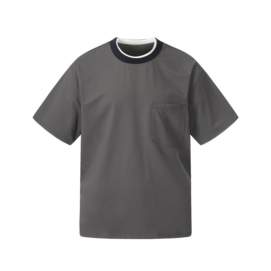 Dark gray short-sleeve crew-neck T-shirt with navy collar, white inner trim and chest pocket, front flat view