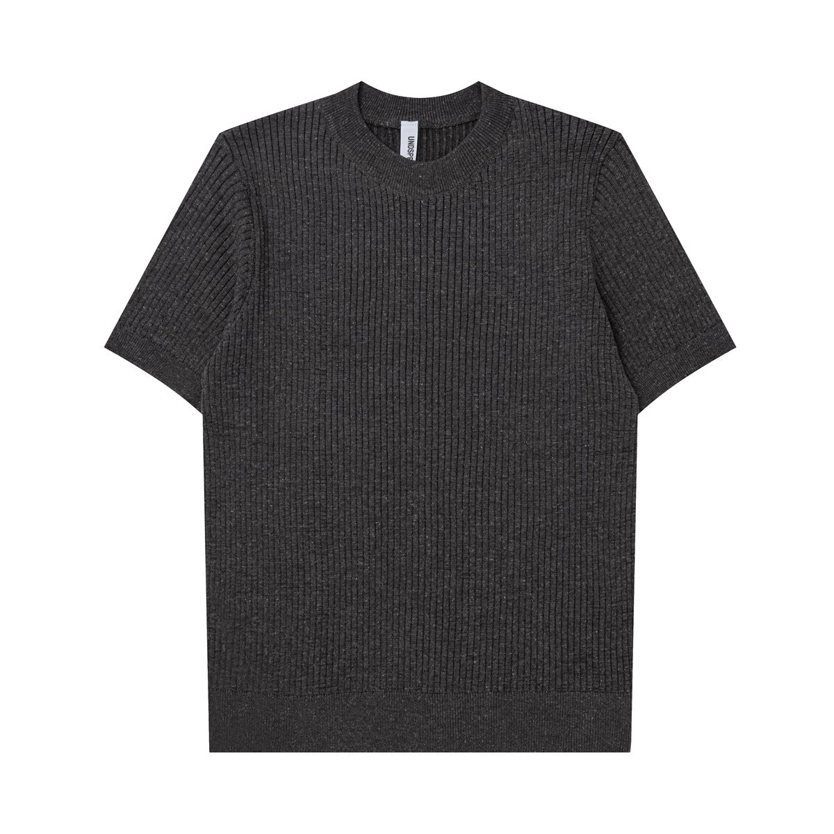 Charcoal gray short-sleeve ribbed knit crew-neck top laid flat, front view