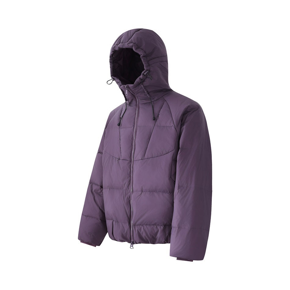 Three-quarter front view of a muted purple quilted puffer jacket with a hood, drawcords, and front zipper on white.