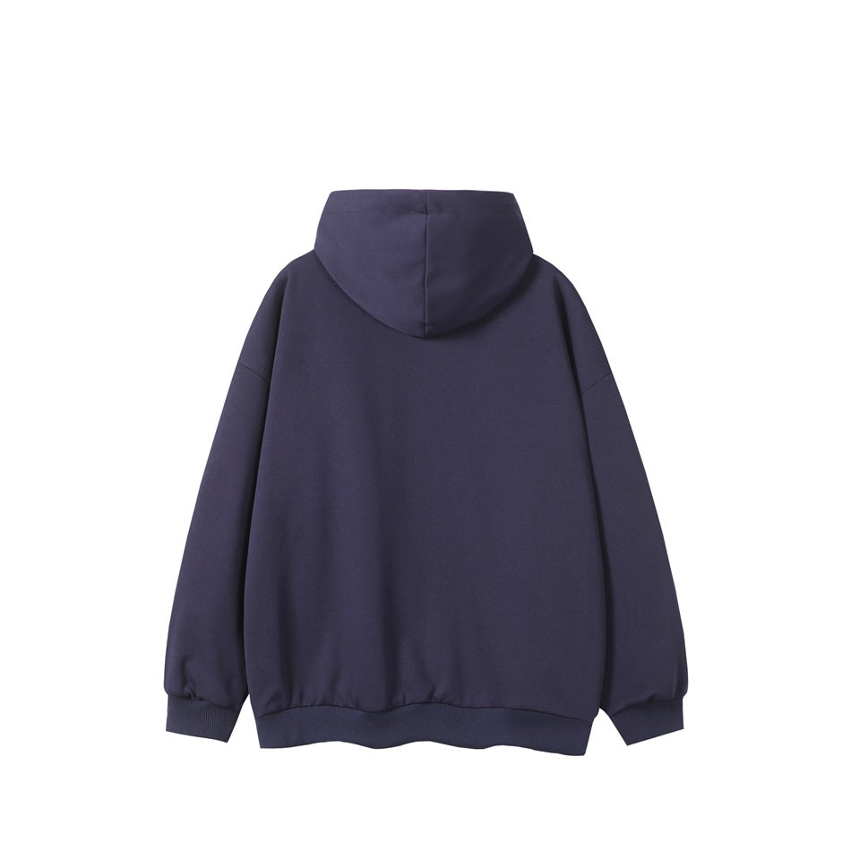 Back view of a plain dark navy hooded sweatshirt with ribbed cuffs and hem.