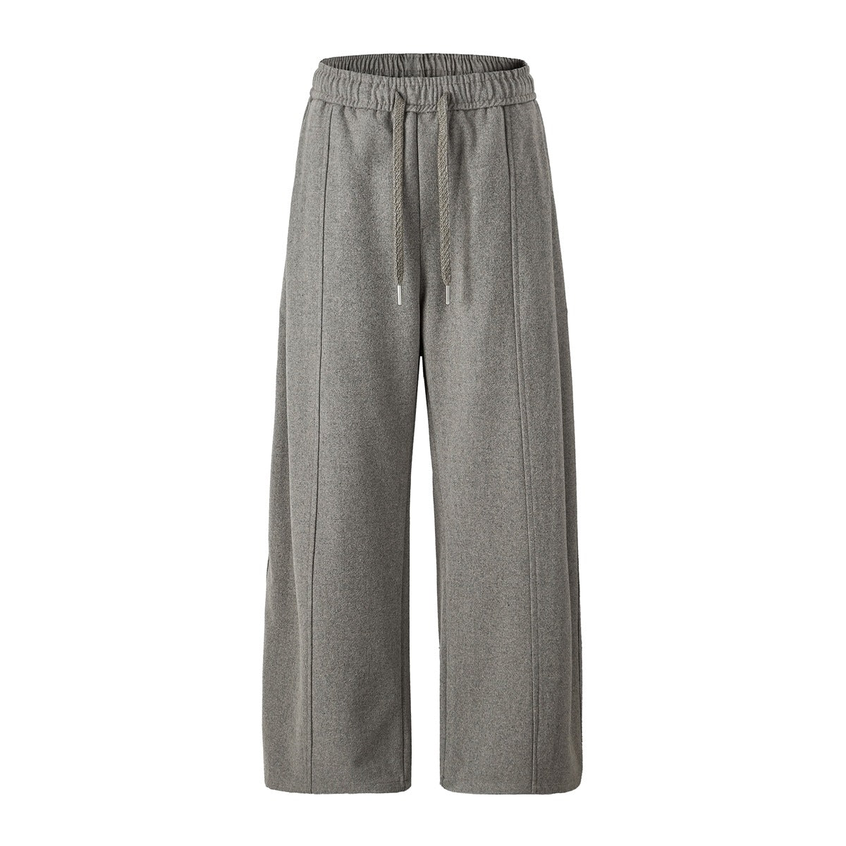 Light heather gray wide-leg pants with elastic drawstring waist and vertical front seams, flat front view