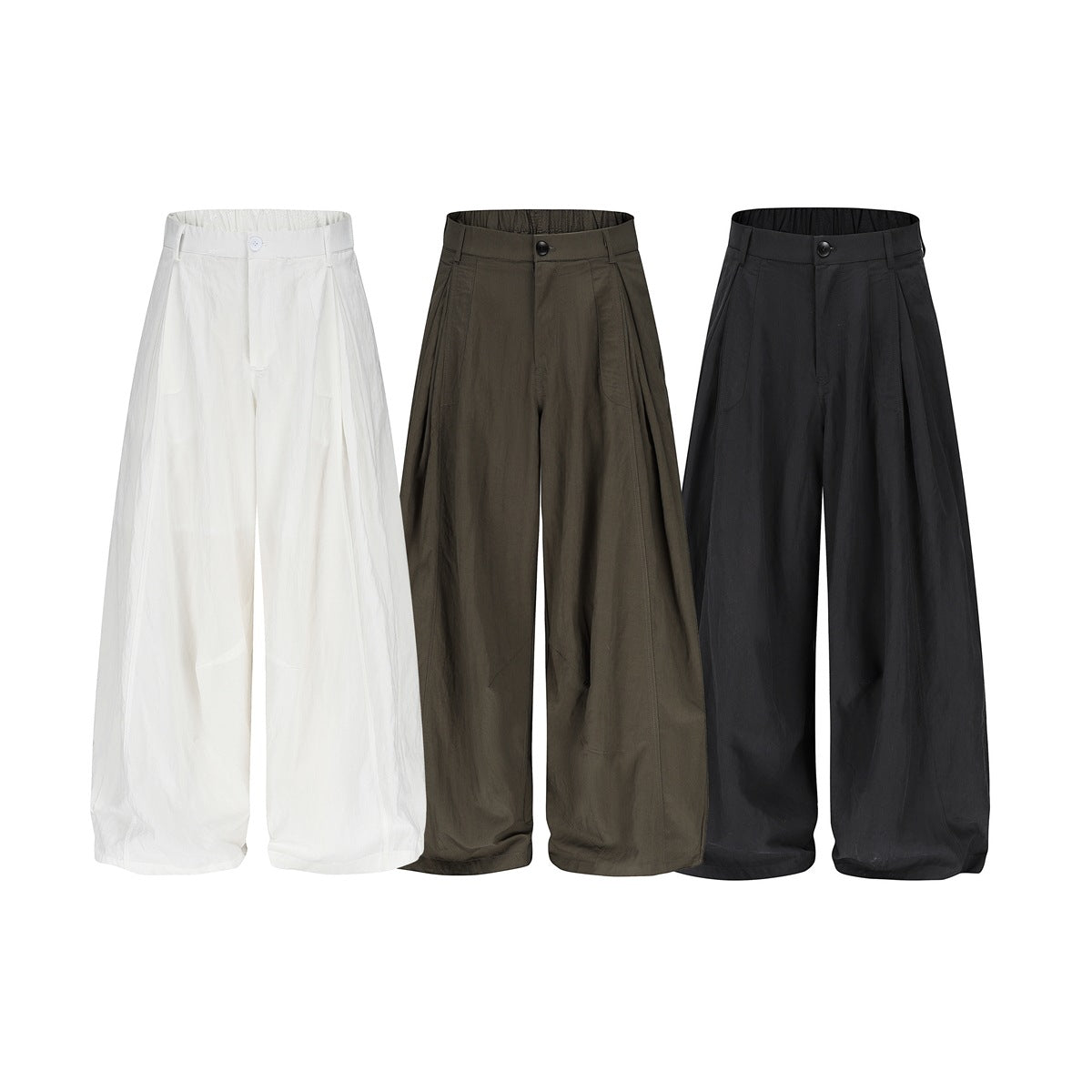 Three pairs of high-waisted, wide-leg pants shown from the front in white, olive, and black.