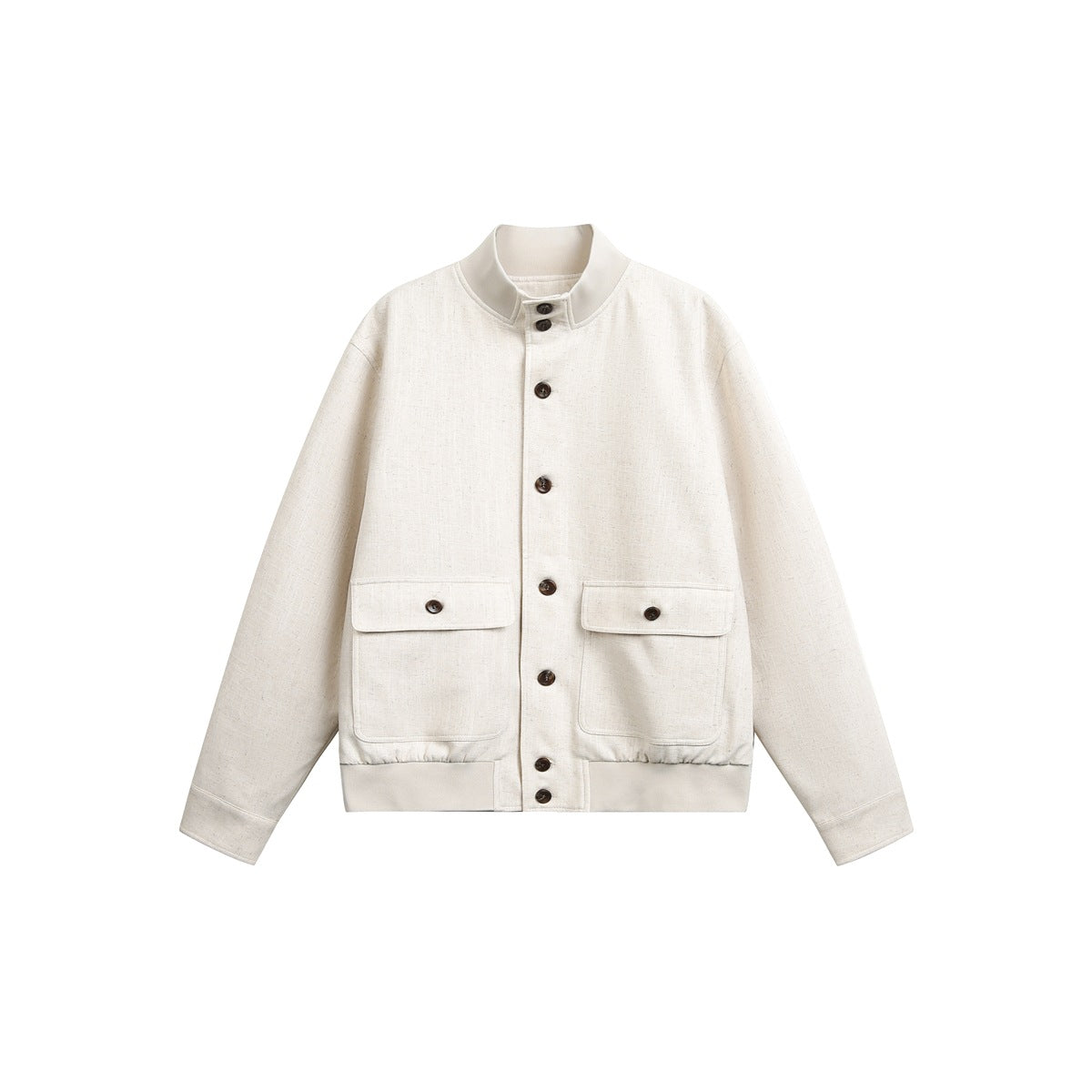 Off-white stand-collar button-front jacket with flap pockets, ribbed collar and hem, flat lay front view