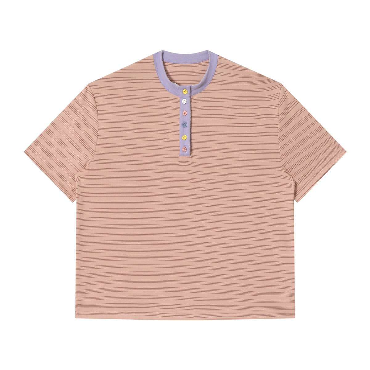 Blush pink pinstriped short-sleeve henley T-shirt with lavender collar and multicolored buttons, flat front view