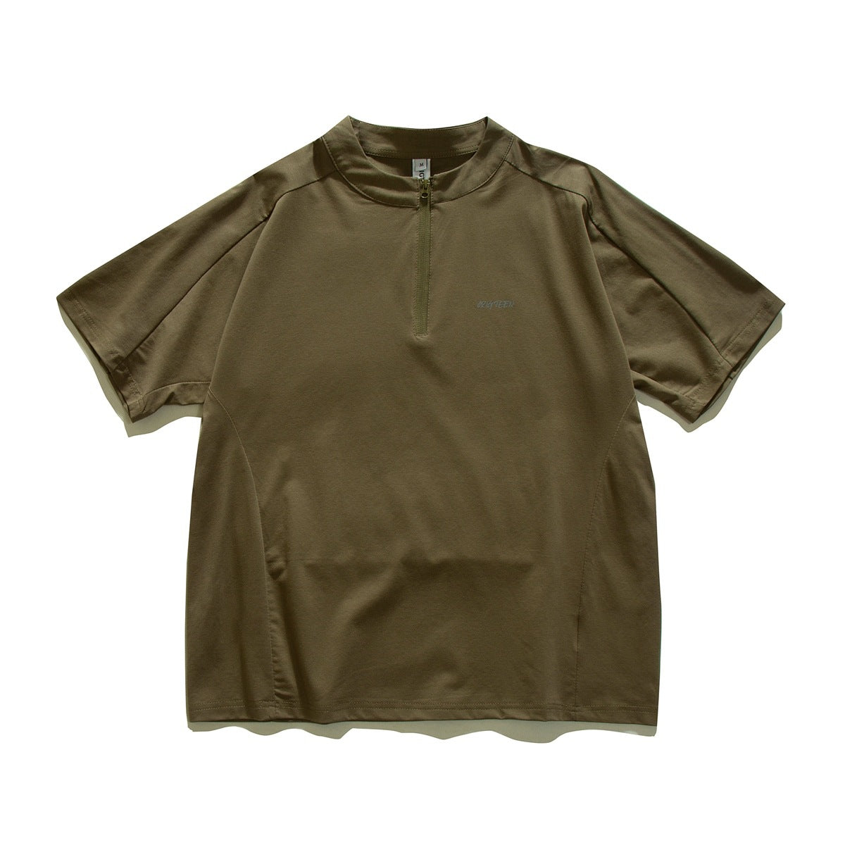 Olive green short-sleeve quarter-zip T-shirt with stand collar, flat lay front view