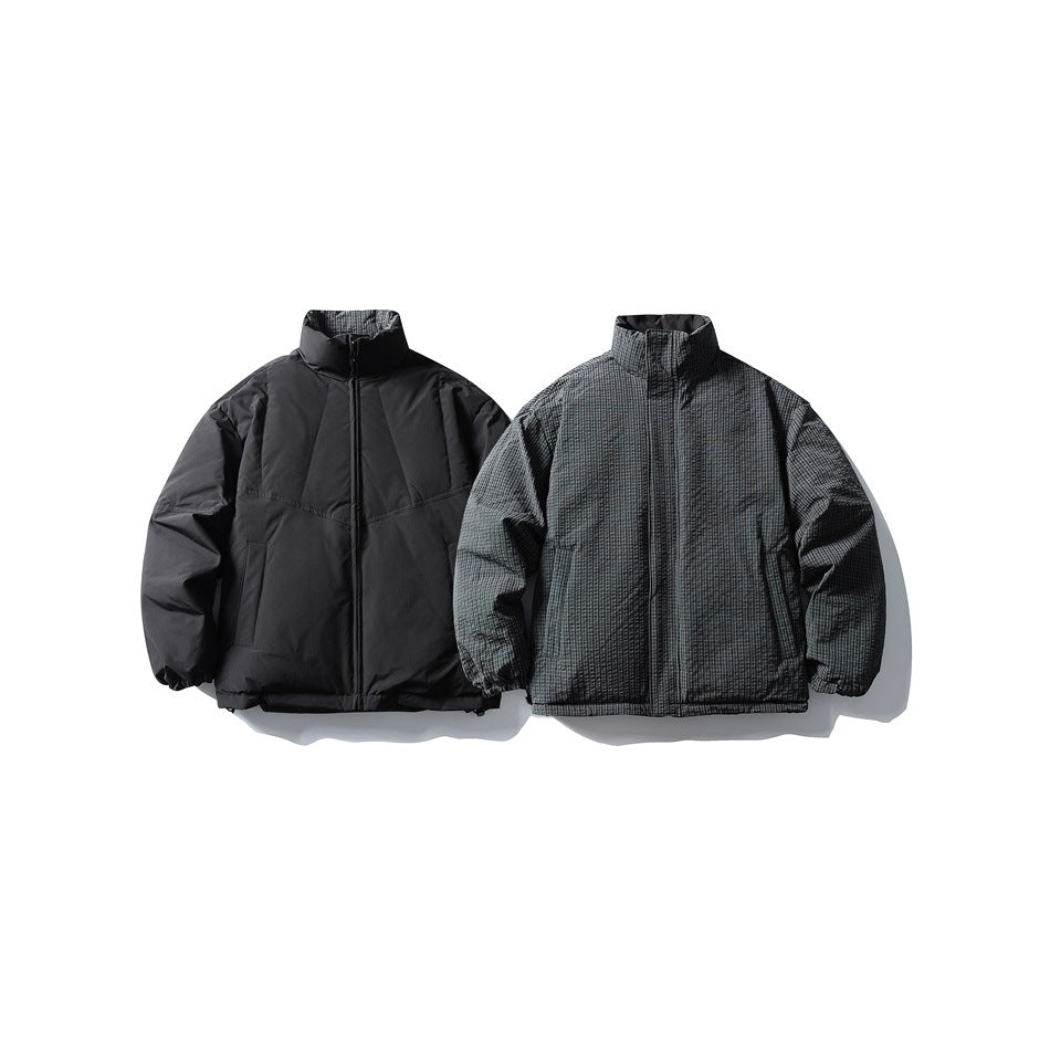 Black jacket and its gray textured check reverse side shown side by side on a white background