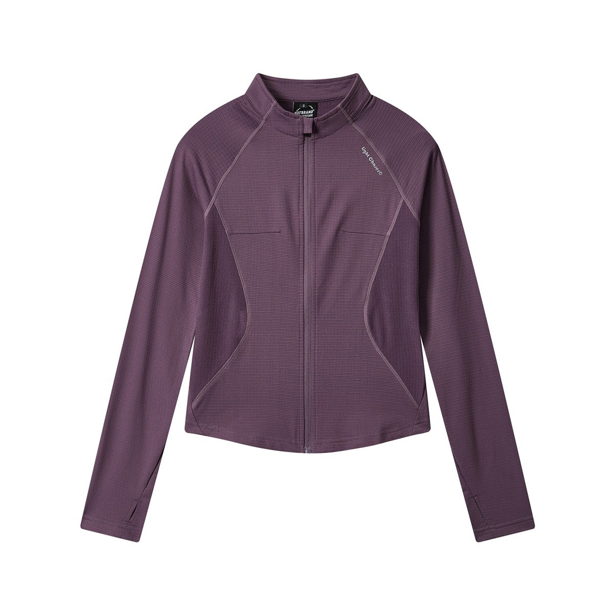 Purple slim-fit stand-collar zip jacket, flat front view with contrast stitched waist panels