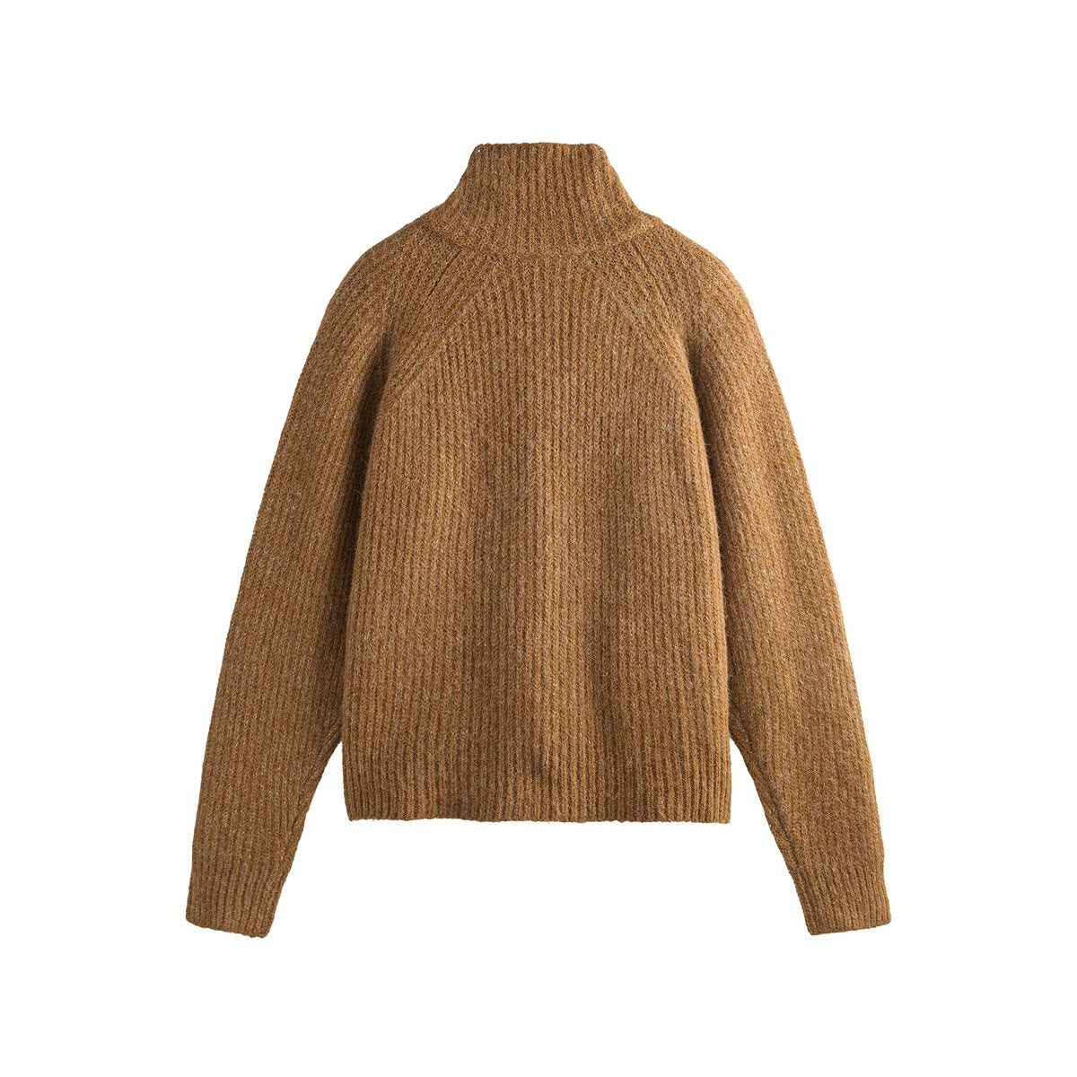 Back view of khaki ribbed knit cardigan with stand collar, raglan seams and ribbed cuffs and hem, flat lay