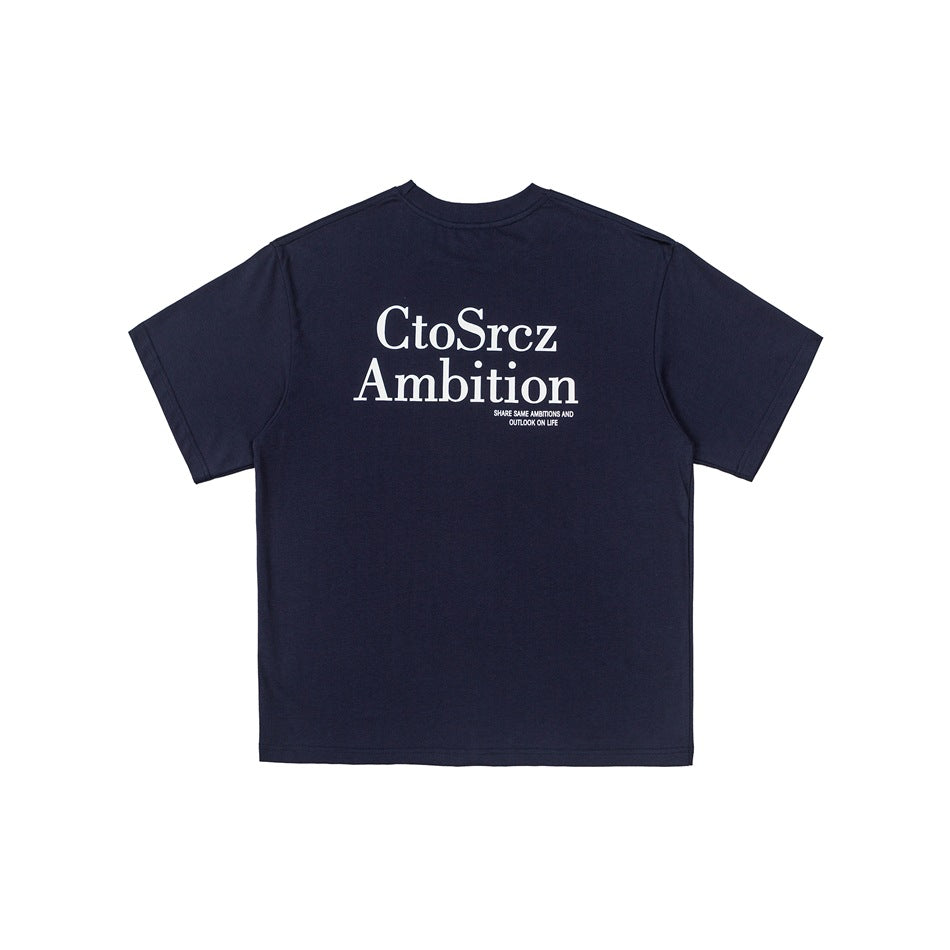Navy blue short-sleeve T-shirt back with large white serif lettering print and small text below