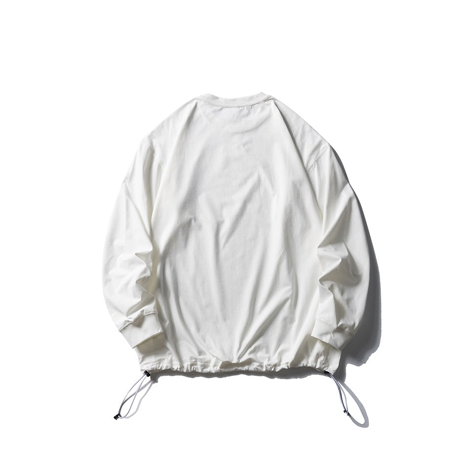 Back view of a white long-sleeve pullover with a drawcord-adjustable hem, laid flat on white.