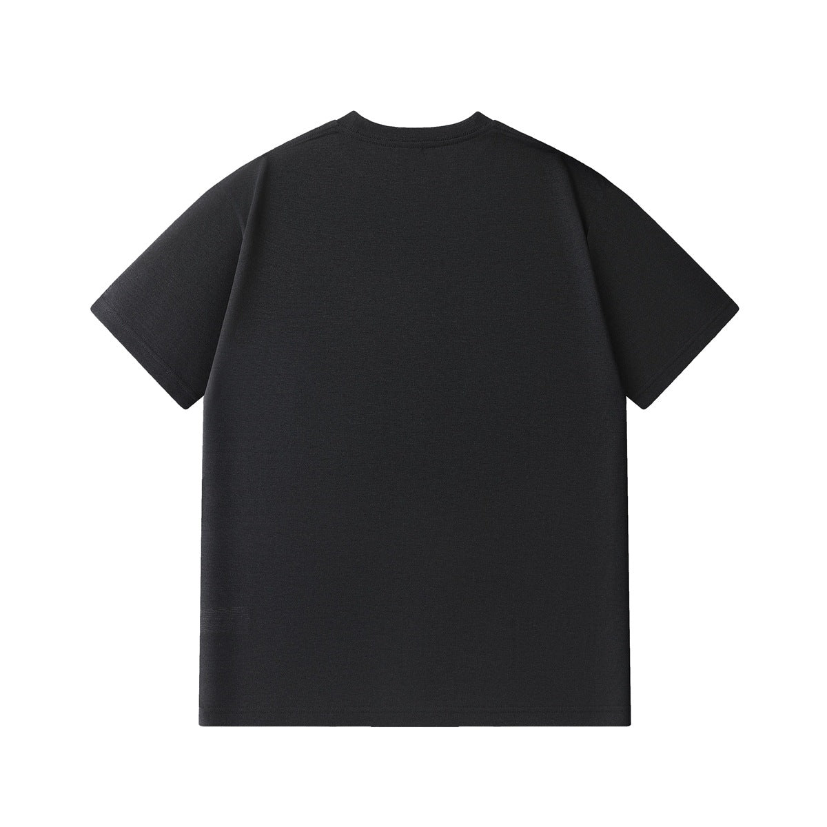 Back view of a plain black short-sleeve crew-neck T-shirt laid flat on a white background.