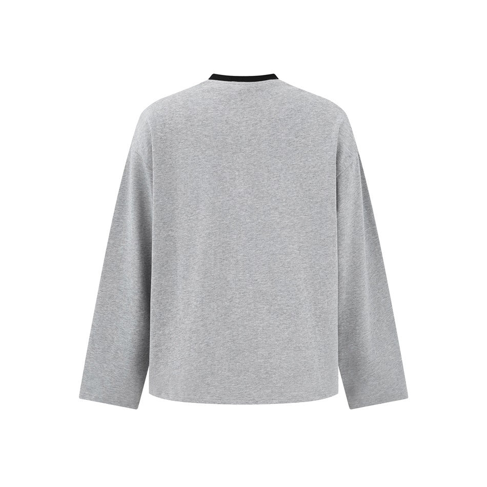 Back view of a plain heather-gray long-sleeve shirt with a narrow black crew-neck collar.