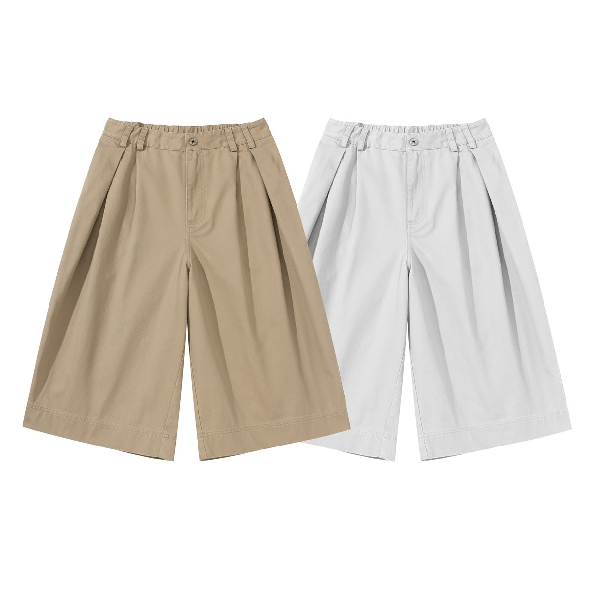 Front views of wide-leg shorts in tan and white, with pleats, belt loops and cropped hems.