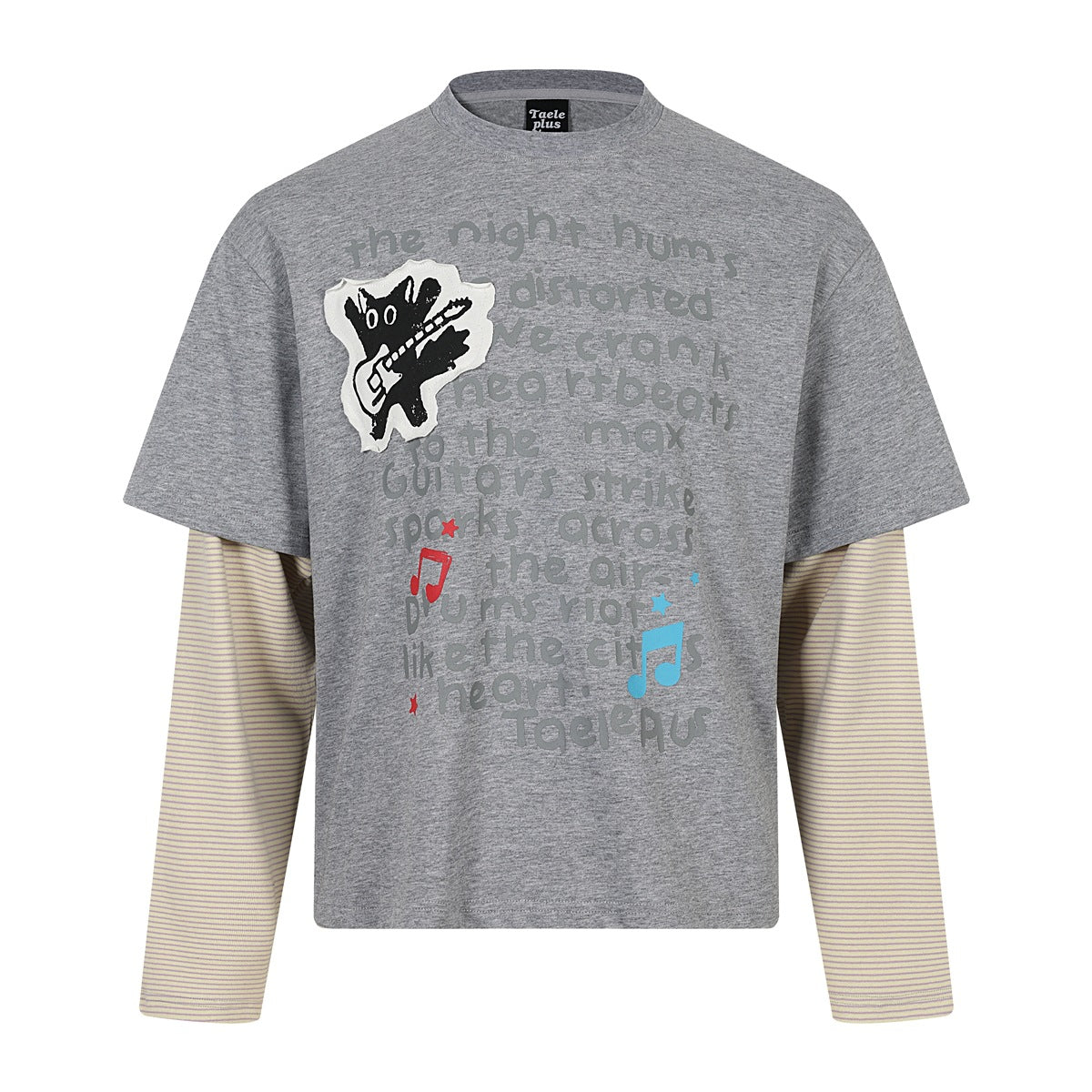 Heather gray crew-neck tee with cream striped long sleeves, lettering print, cat guitar patch and music notes, front view