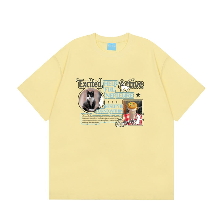 Pale yellow short-sleeve T-shirt with cat photo, milkshake photo and retro slogan graphic on the chest