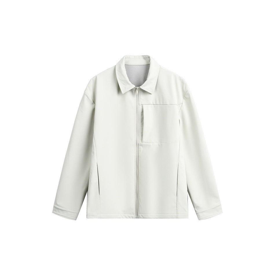 Light gray collared zip-front jacket with chest pocket, flat lay front view on white background