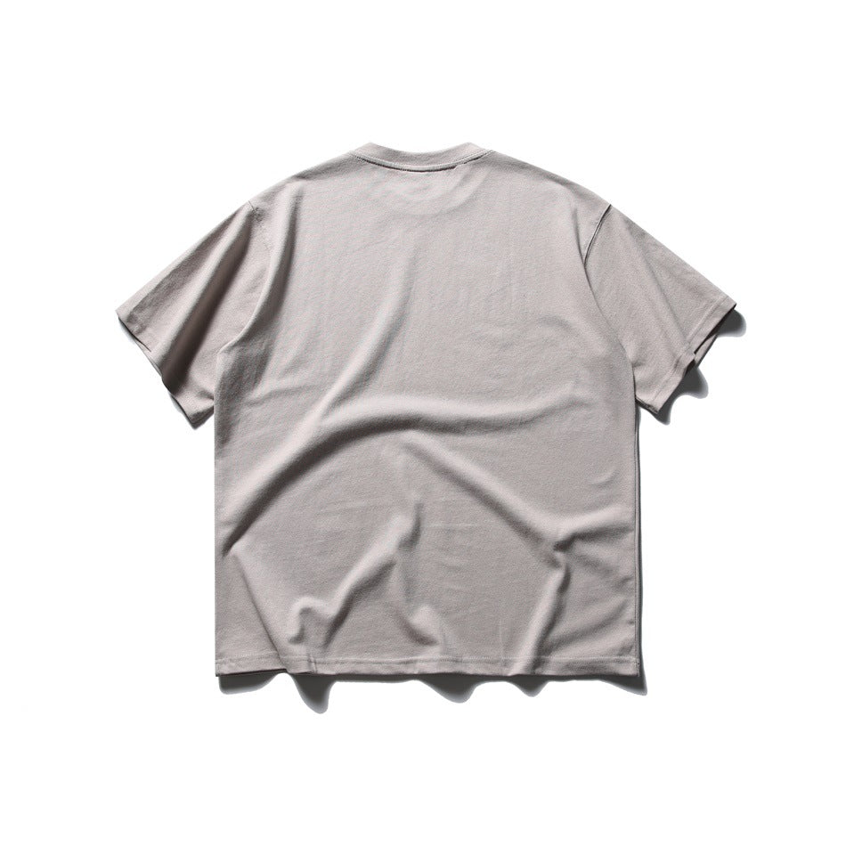Back view of a plain pale gray short-sleeve crew-neck T-shirt.