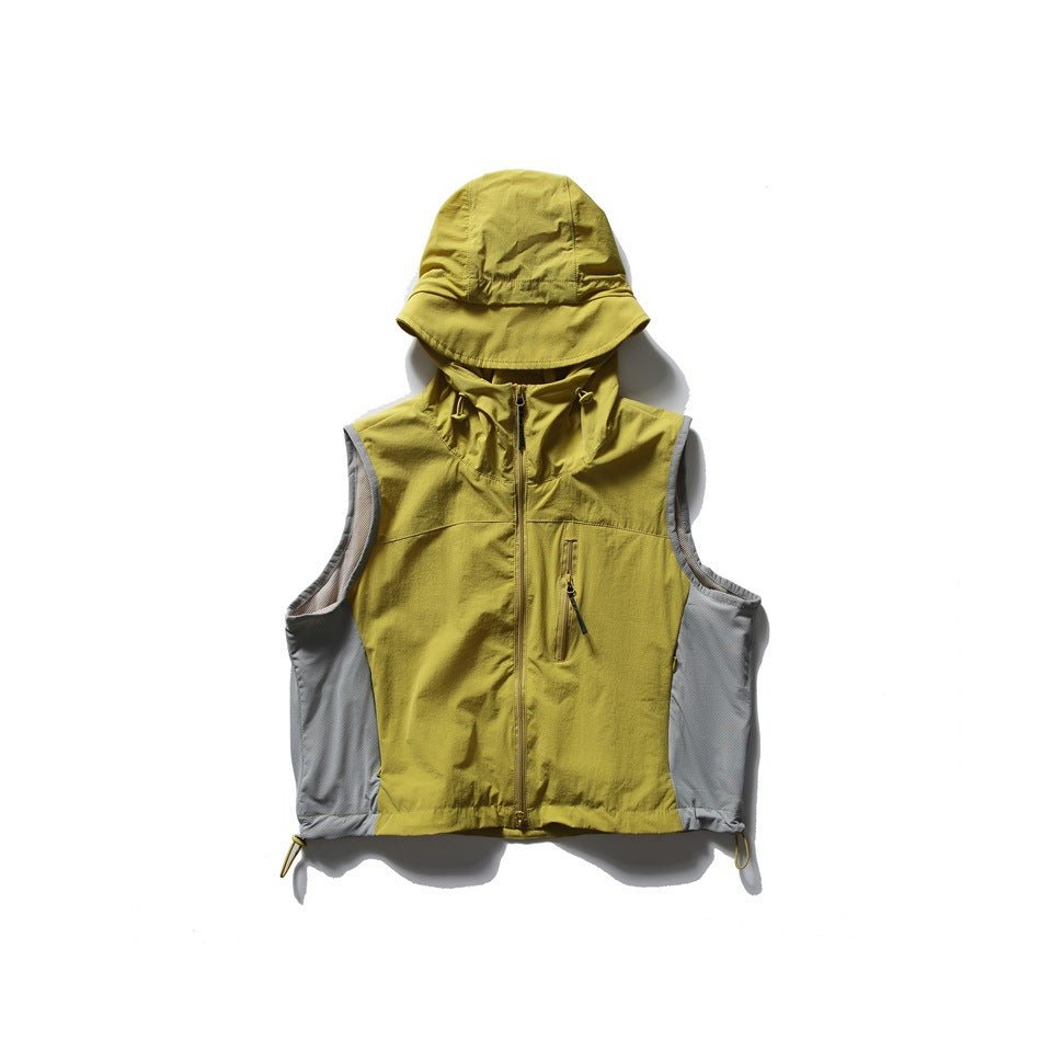Yellow hooded zip vest with gray side panels, chest zip pocket and hem toggles, flat lay front view
