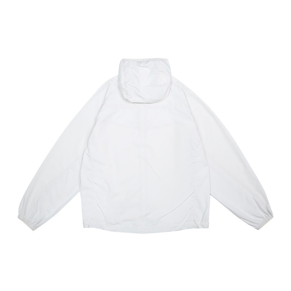 Back view of a white hooded jacket laid flat, with long sleeves, elastic cuffs, and subtle perforated panels.