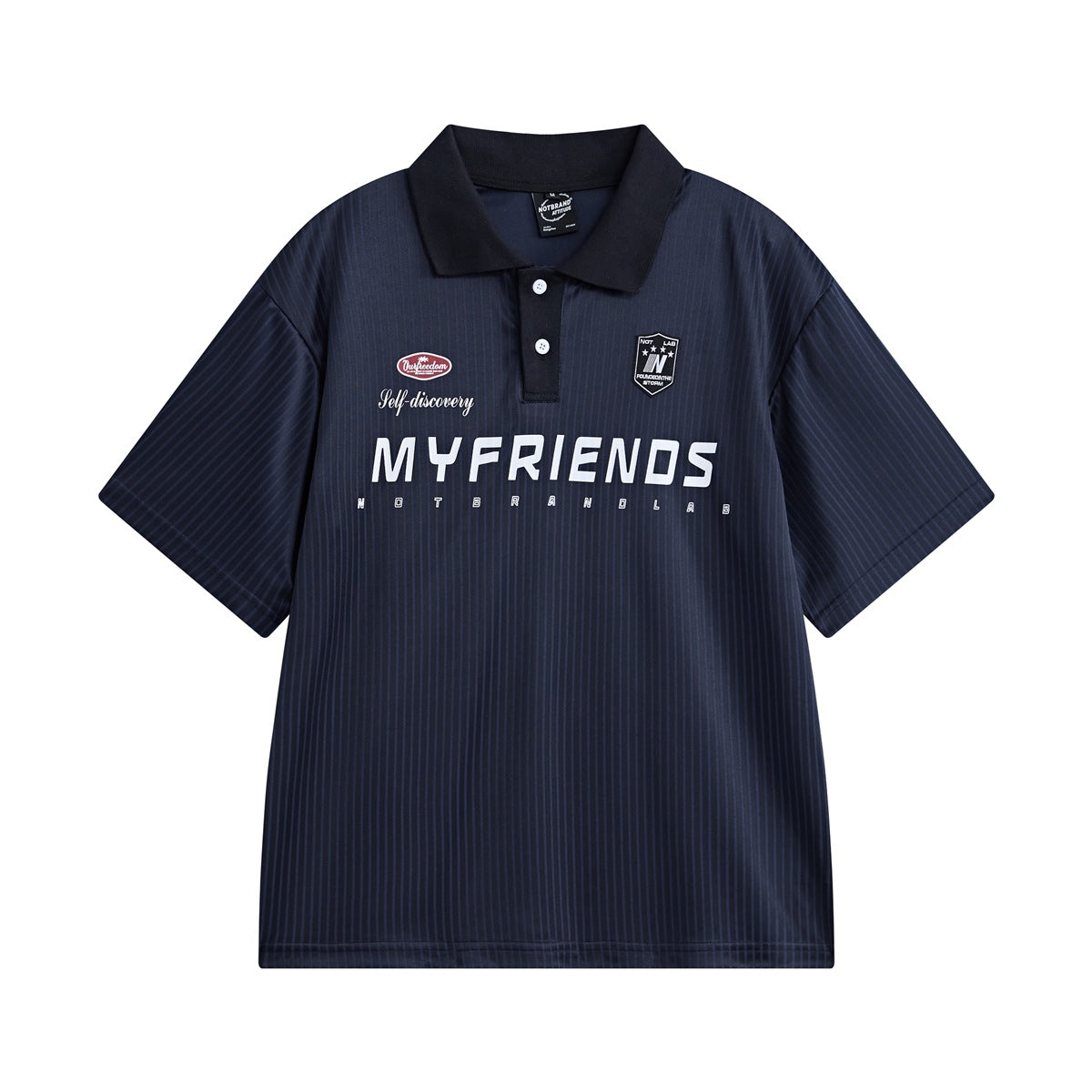 Navy short-sleeve polo top with black collar, two buttons, vertical stripe texture and white MYFRIENDS chest print