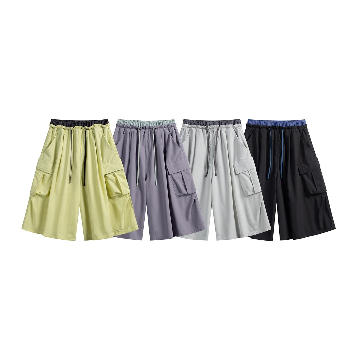 Four wide cargo skirts displayed in pale yellow, lavender, light gray, and black.