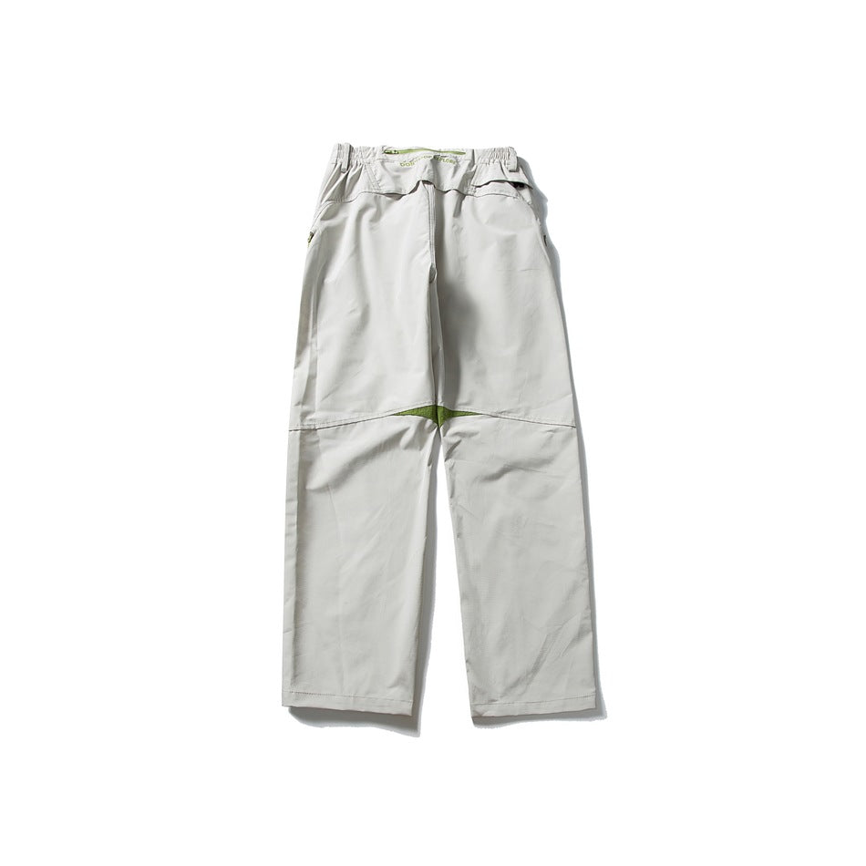 Front view of light gray straight-leg pants with an elastic waistband, knee seams, and a small green accent.
