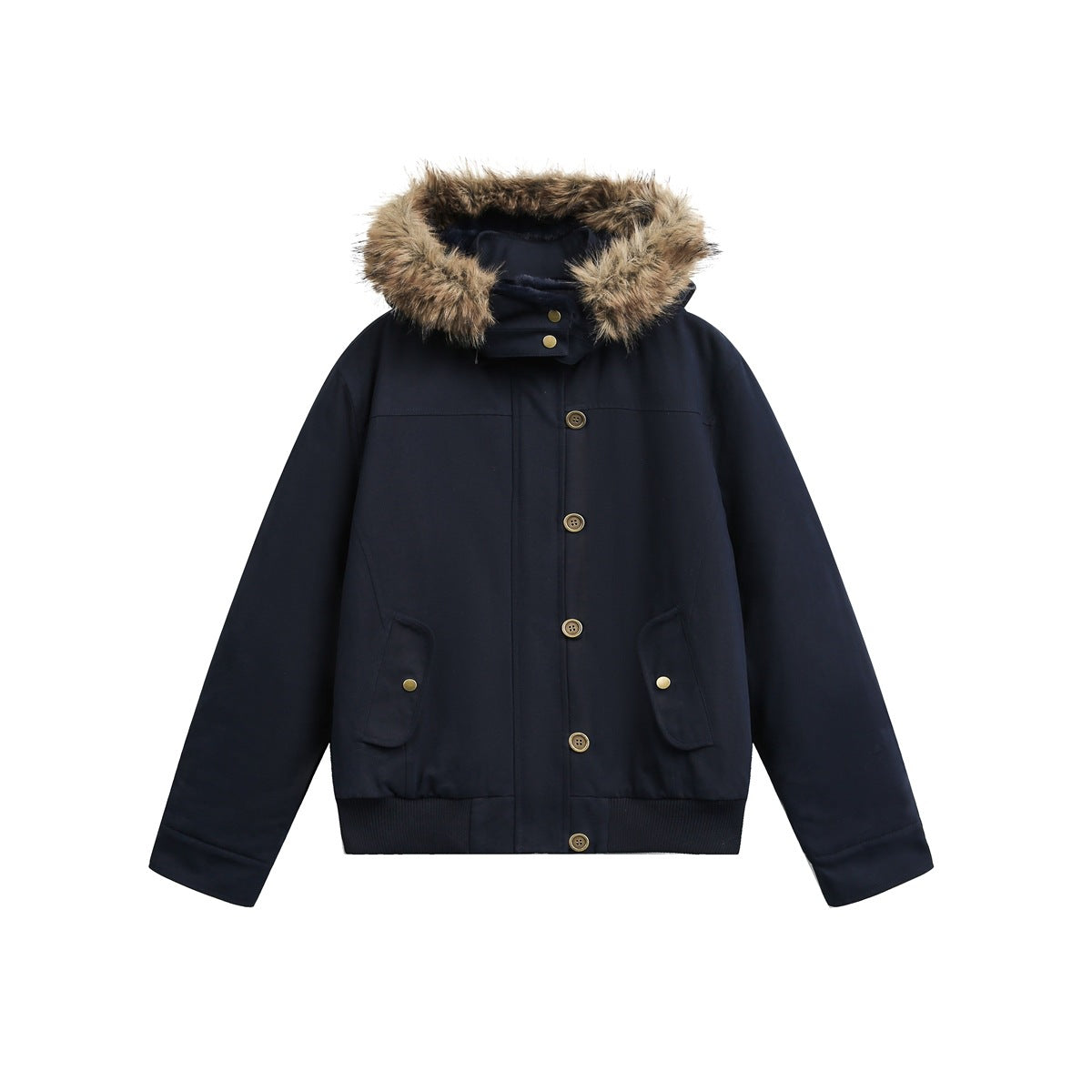 Navy hooded short jacket with faux-fur trim, gold buttons, flap pockets and ribbed hem, flat lay front view