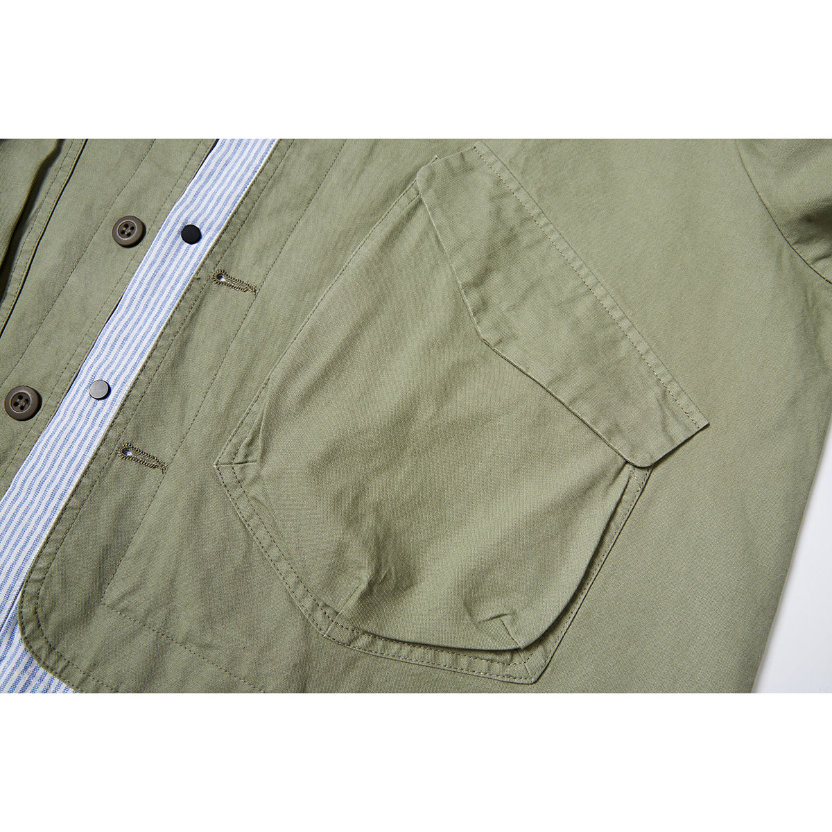 Close-up of an olive jacket’s large angular front pocket, stitching, buttons, and striped placket.