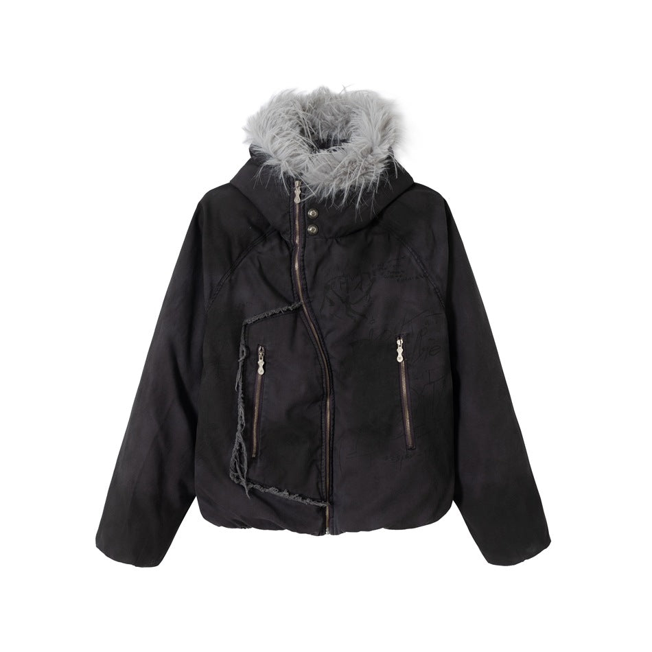 Dark purple-black hooded jacket with gray shaggy hood trim, diagonal front zipper and zippered pockets, front flat view