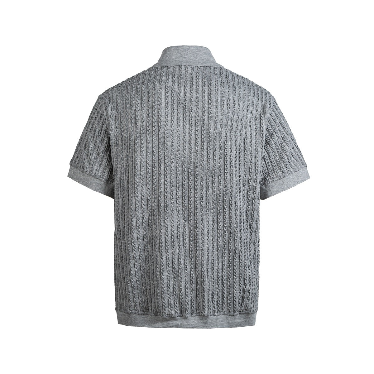 Back view of a gray cable-textured short-sleeve polo shirt with a plain collar and ribbed trim.