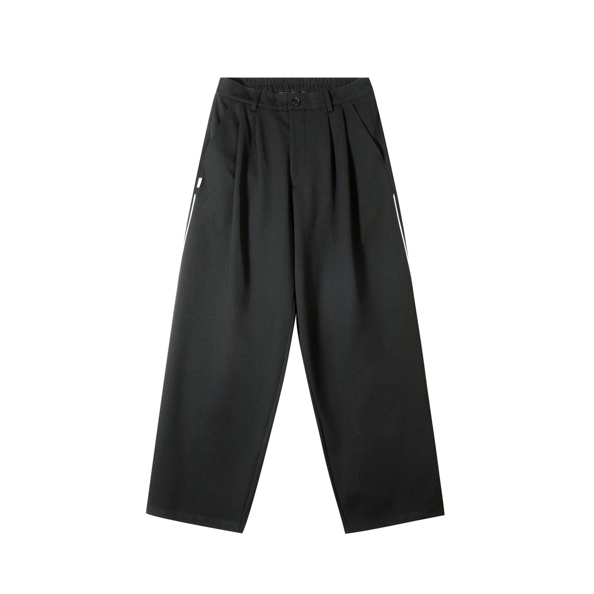 Front view of black pleated wide-leg pants with button waistband, side pockets and white side stripe