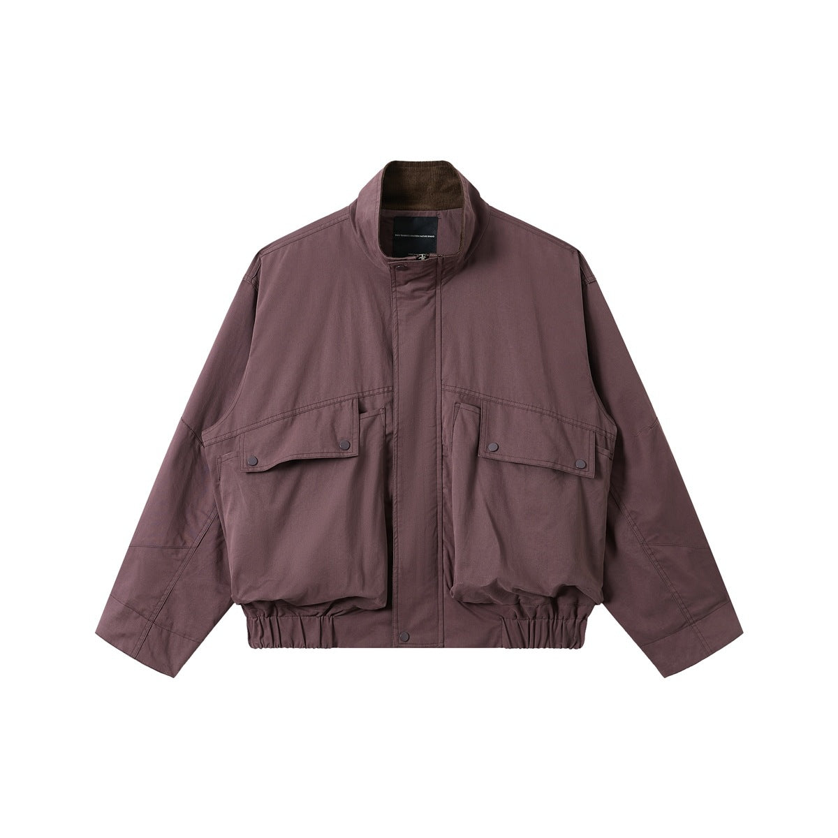 Purple-brown stand-collar zip jacket with two large snap flap pockets and elastic hem, flat front view