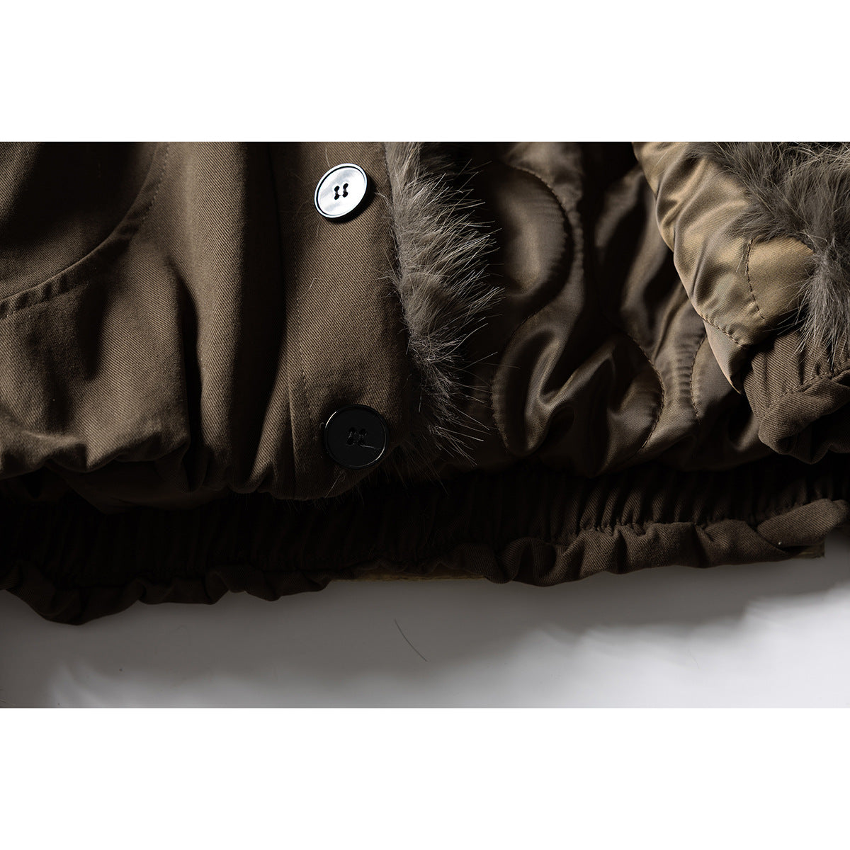 Close-up of the dark brown jacket's fur-trimmed front, buttons, lining, and gathered hem.