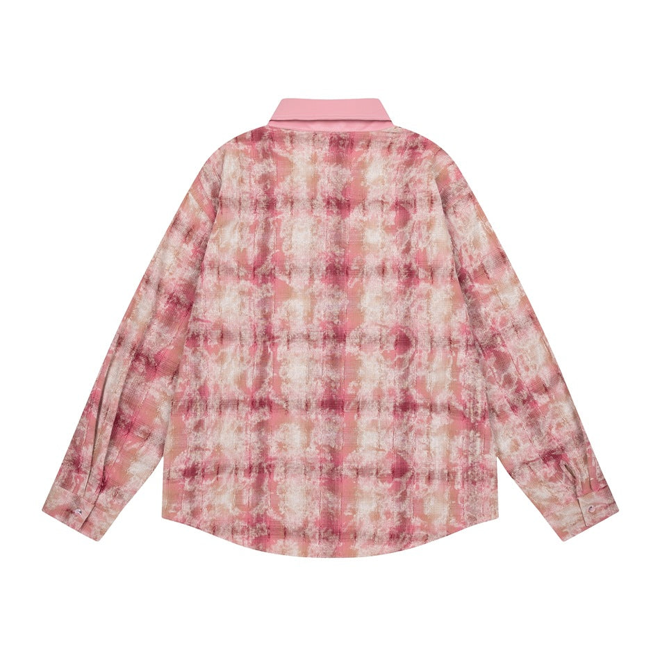 Back view of a long-sleeve button-up shirt in a pink and cream abstract print, with a solid pink collar.