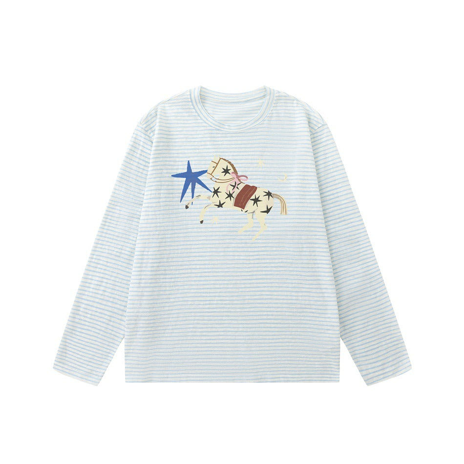 Light blue and white striped long-sleeve crew-neck tee with a printed star-patterned horse and blue star on the chest